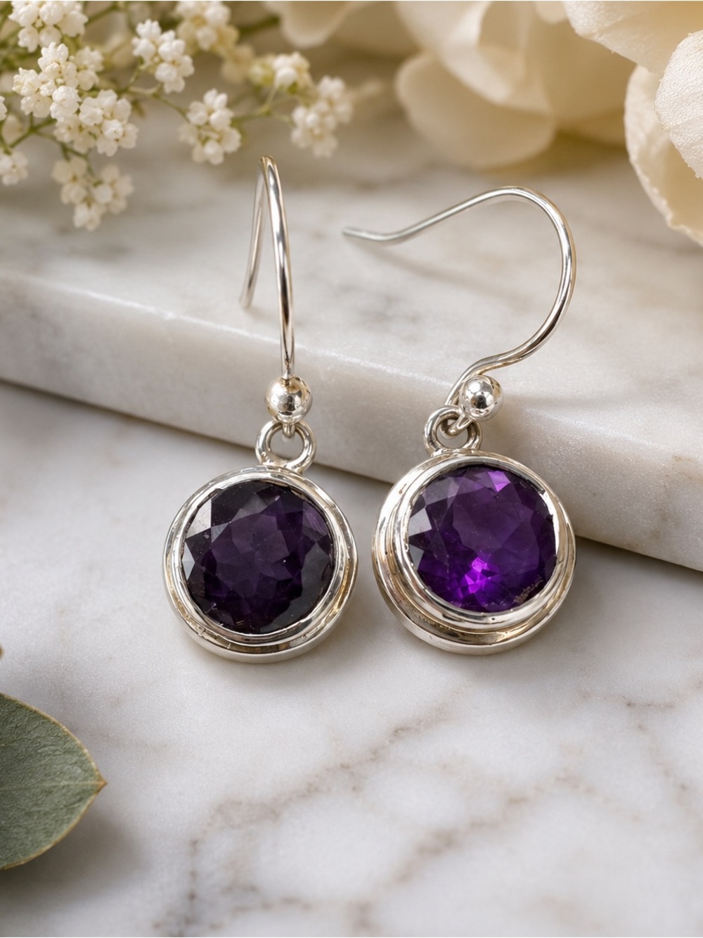 Sterling Silver Round Amethyst Bezel Set earrings